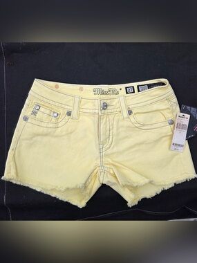 Miss Me Pale Yellow Distressed Hem Denim Shorts